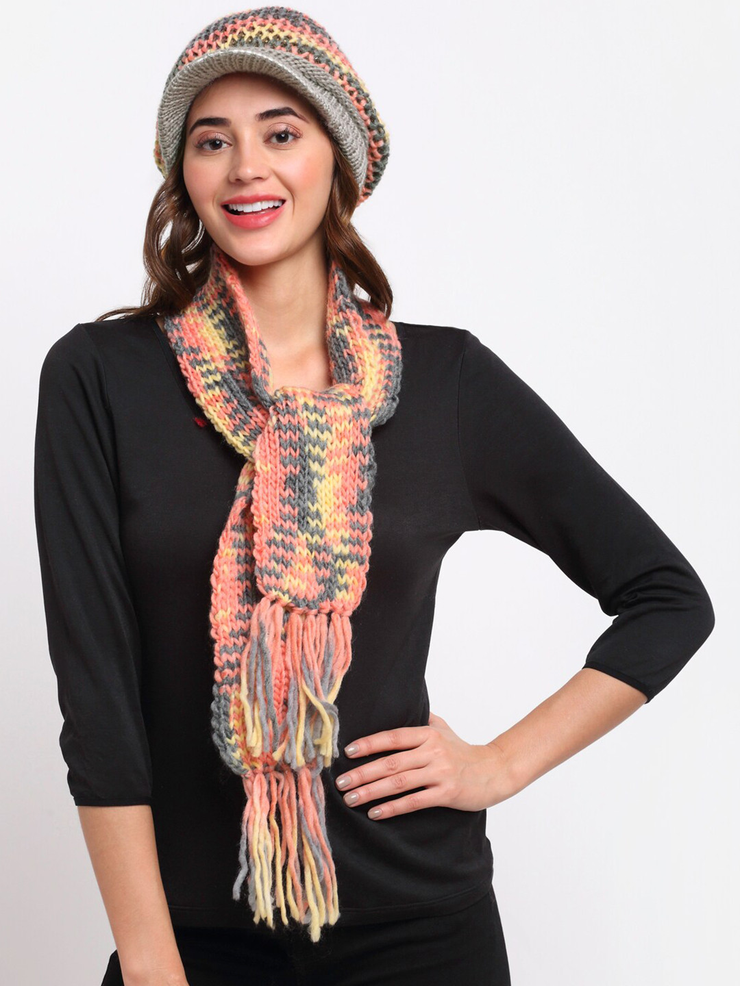 LOOM LEGACY Women Orange & Grey Self Design Acrylic Wool Winter Cap With Muffler