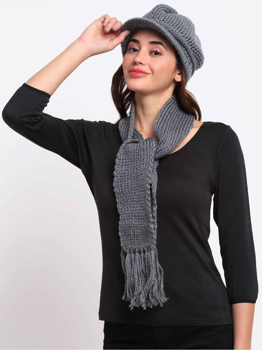 LOOM LEGACY Women Grey Acrylic Wool Ascot Cap With Muffler