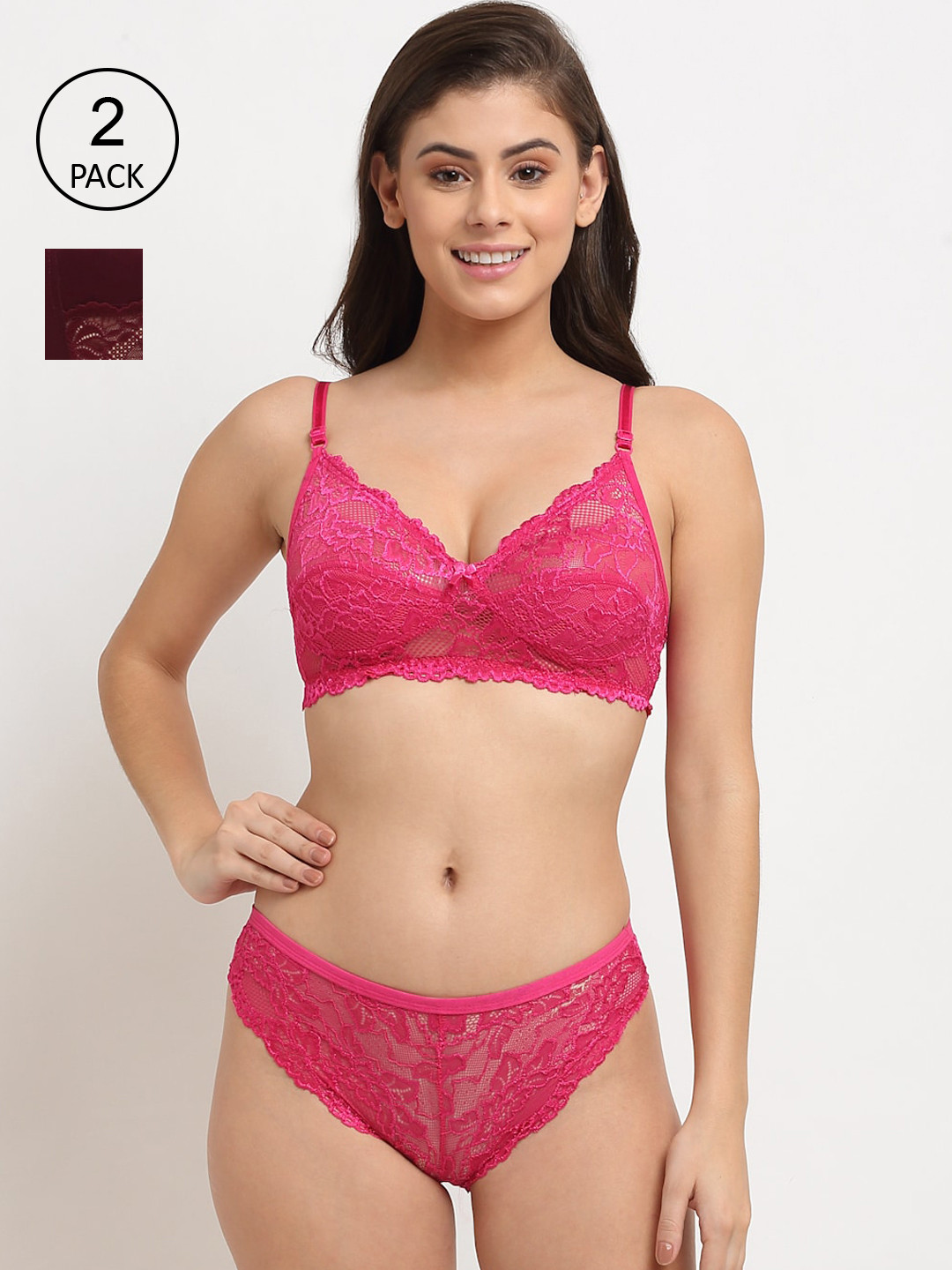 Friskers Women Pack of 2 Maroon & Pink Non padded Polyamide Spandex Lingerie set