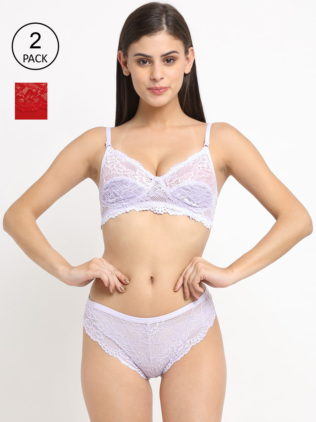 Friskers Women Red & Lavender Pack of 2 Non Padded Lace Lingerie Set 2O-305-03-310-40-30