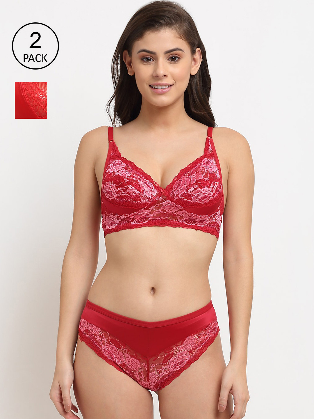 Friskers Women Red Pack of 2 Non Padded Lace Lingerie Set 2O-305-03-308-03-30