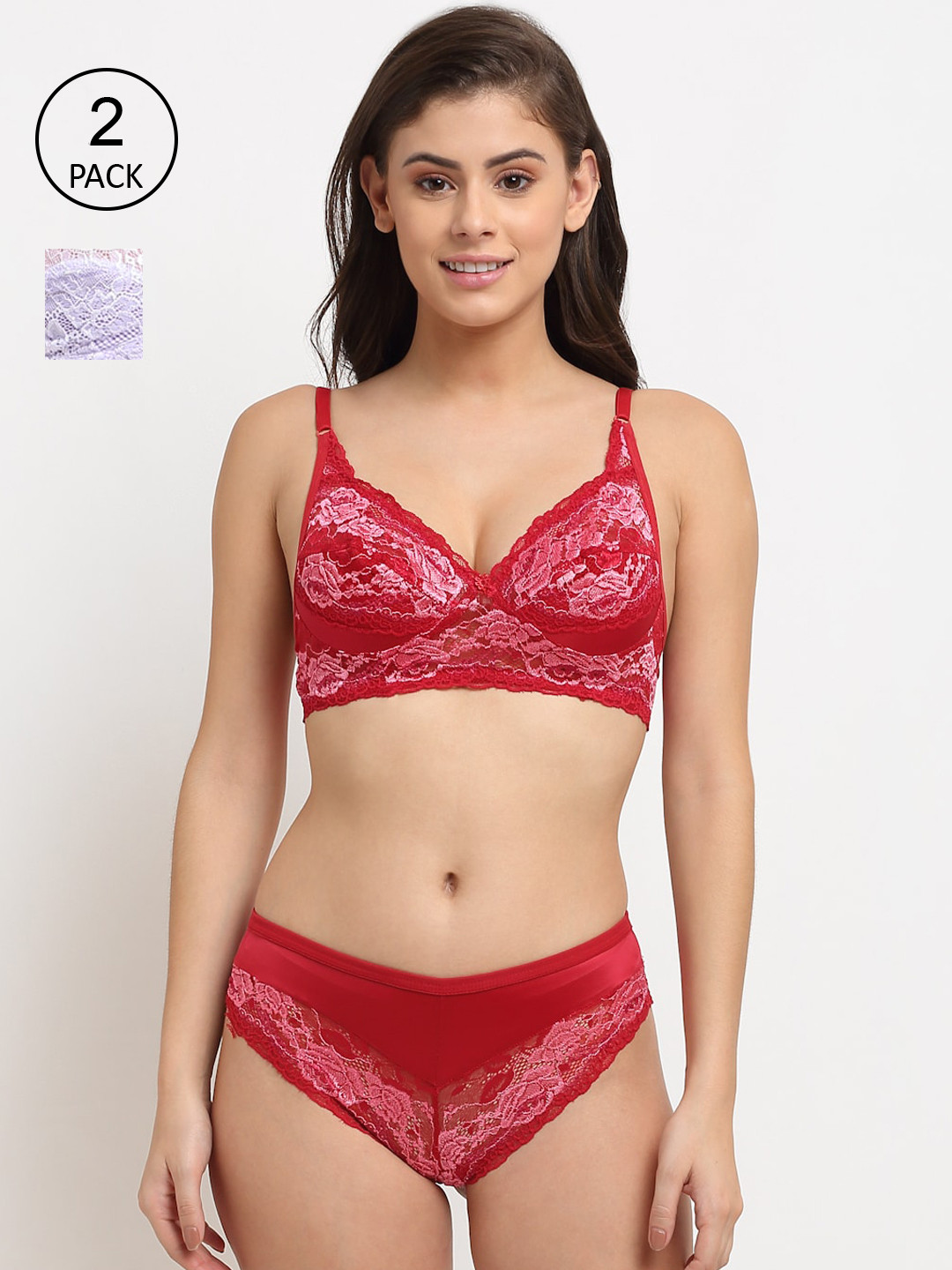Friskers Women Red & Lavender Pack of 2 Non Padded Lace Lingerie Set 2O-308-03-310-40-30