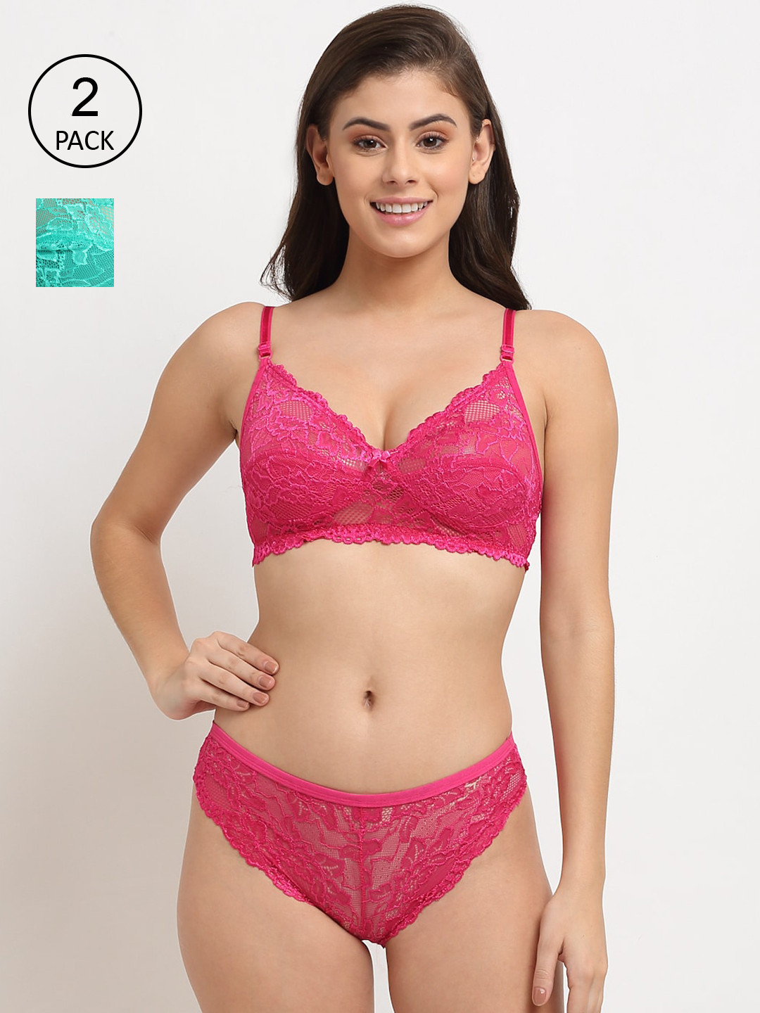 Friskers Women Pack of 2 Pink & Green Non padded Lingerie Set-2O-310-07-310-39-30