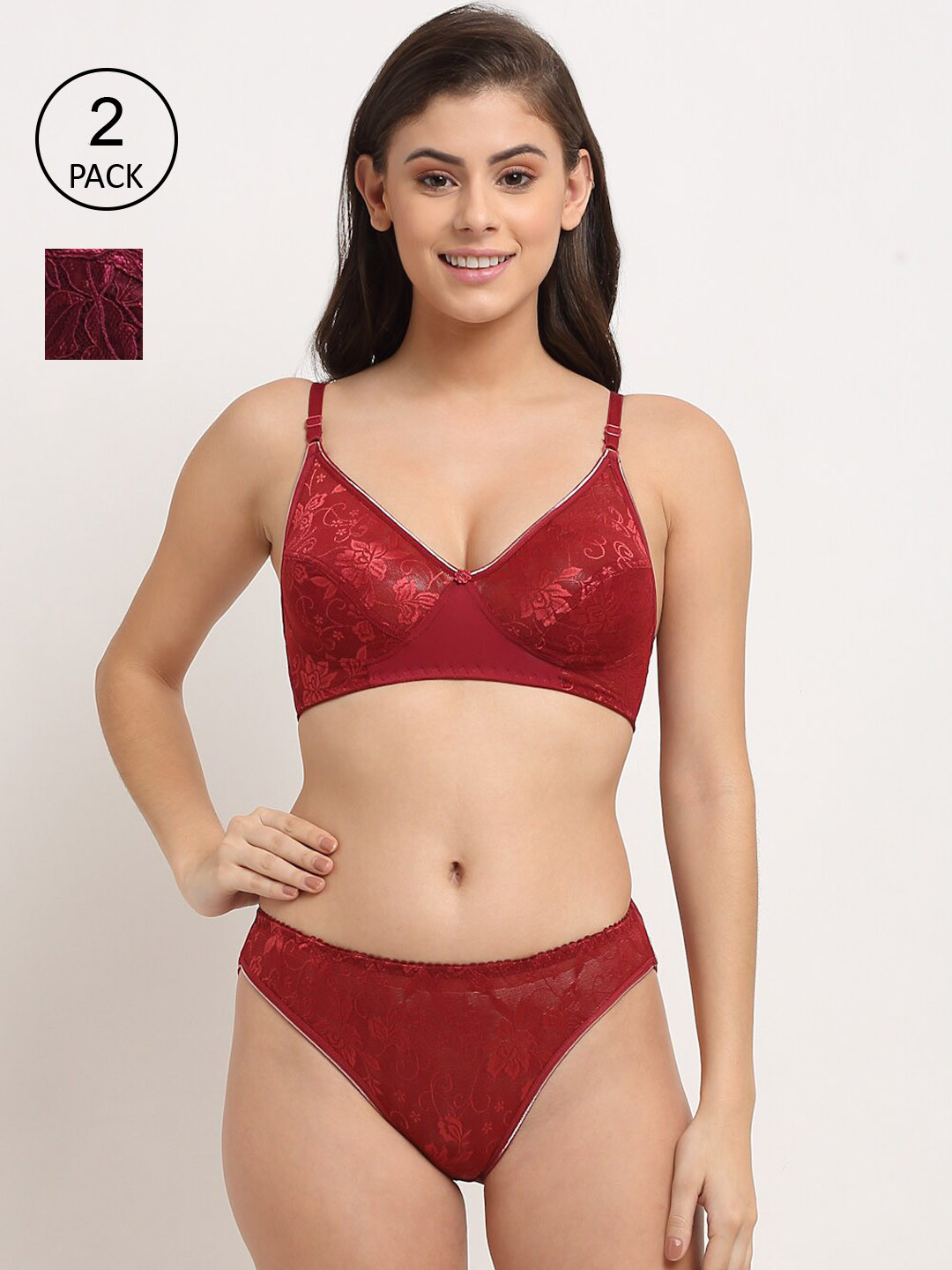Friskers Women Maroon Pack of 2 Non Padded Lace Lingerie Set 2O-304-14-309-38-30