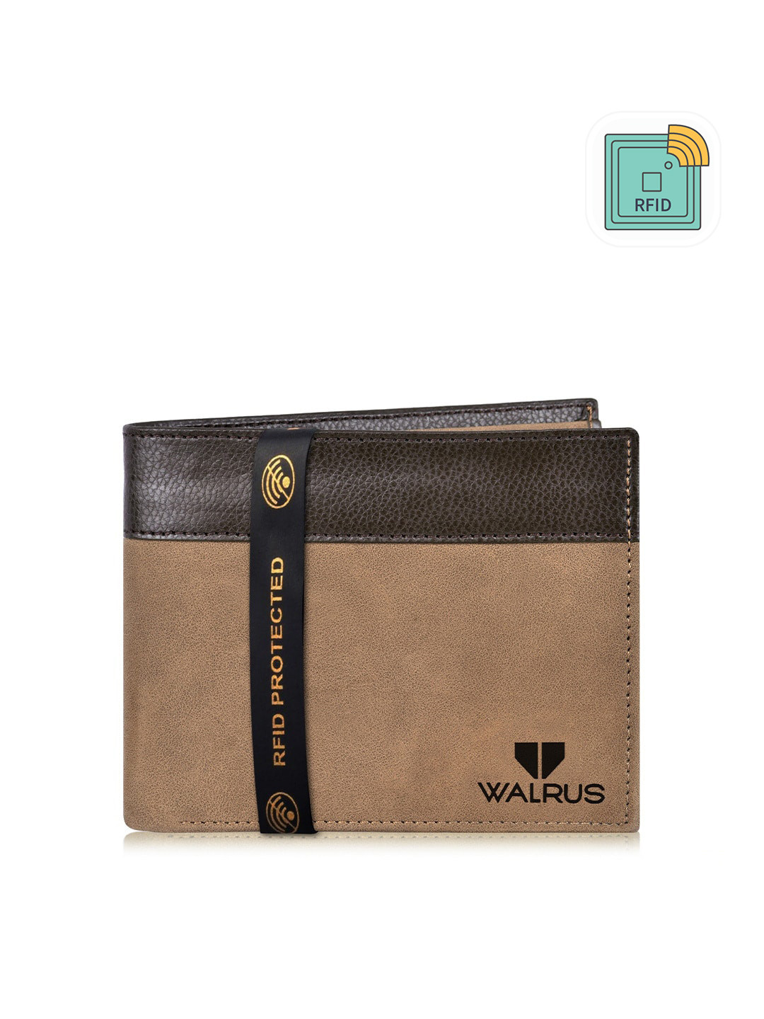 Walrus Men Brown Vegan Leather Two Fold Wallet with RFID Protection