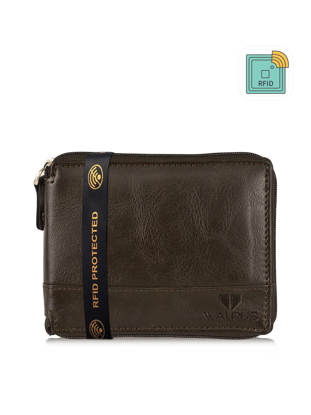 Walrus Men Brown Ecofriendly Vegan Leather Textured Zip Around Wallet