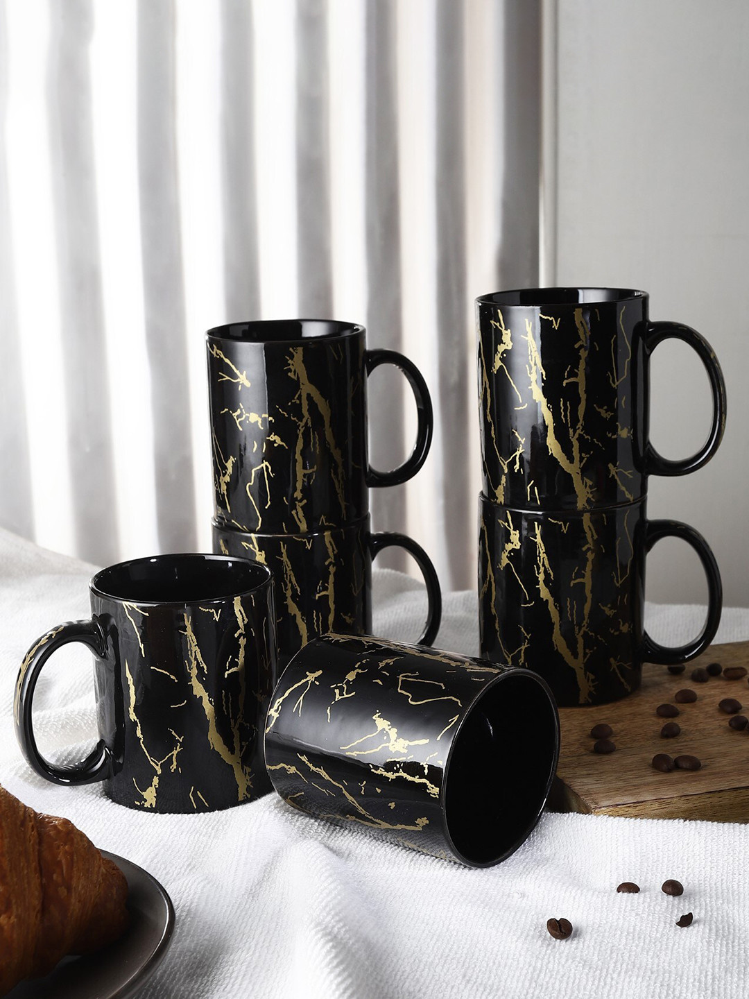 The Decor Mart Rhino Design Black Graphic Ceramic Handmade 6 Piece Mugs-270ml
