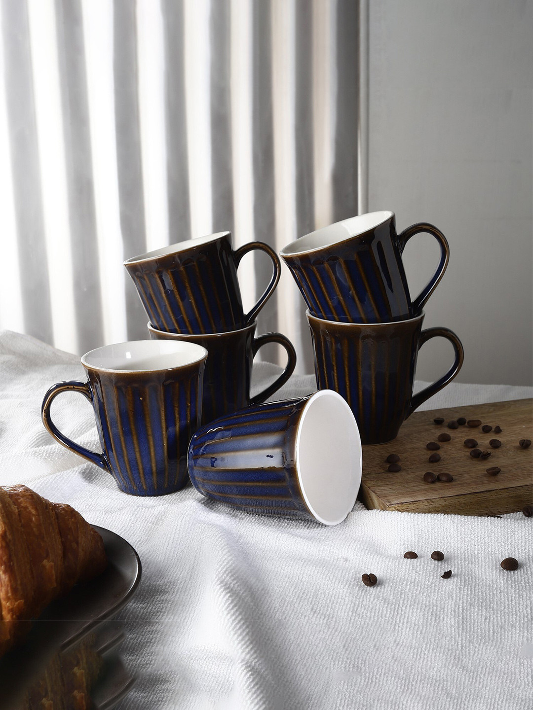 The Decor Mart Blue Striped Ceramic Microwave Safe 6 Piece Mugs-200ml