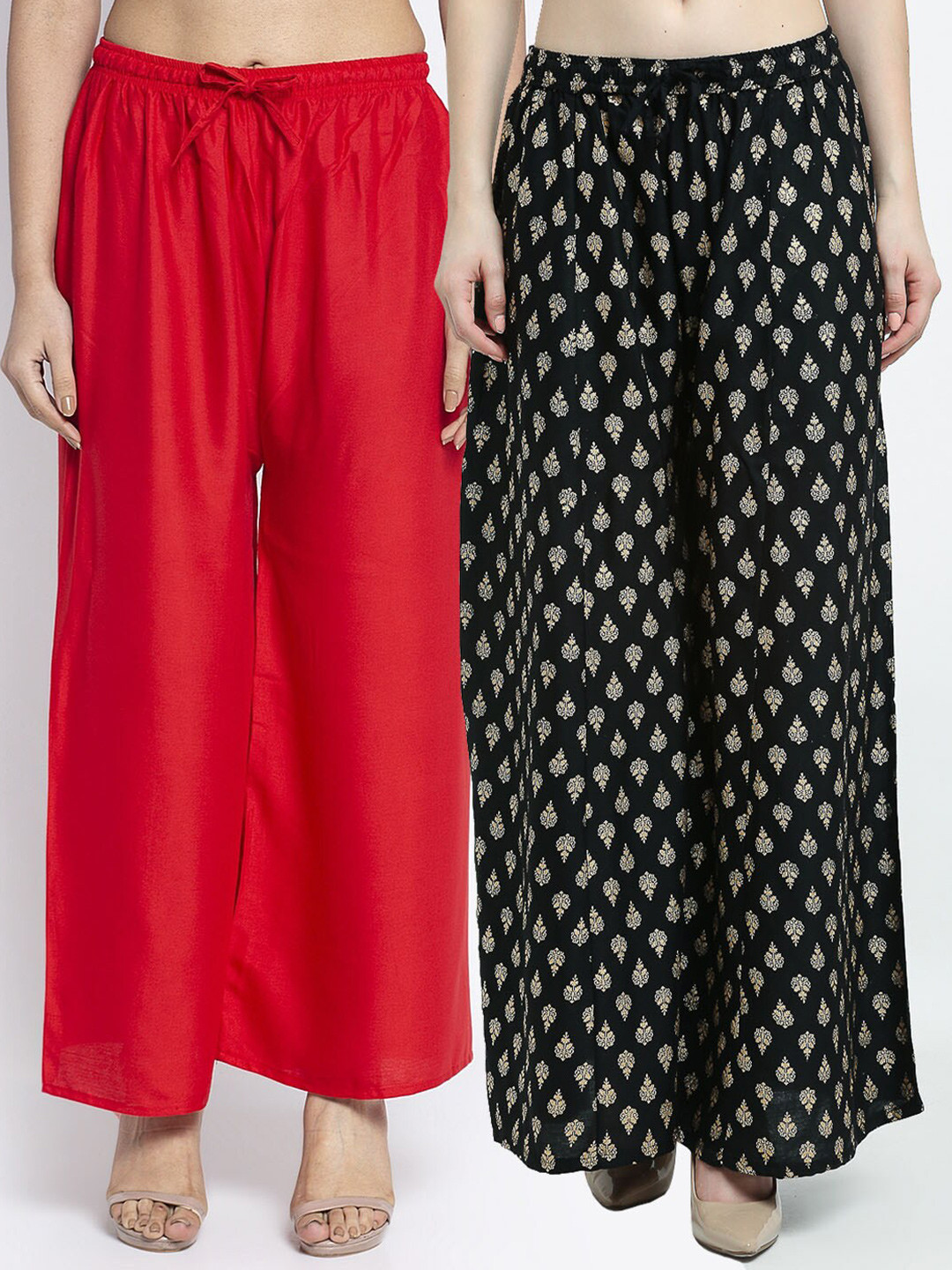 GRACIT Women Set of 2 Red & Black Flared Knitted Ethnic Palazzos