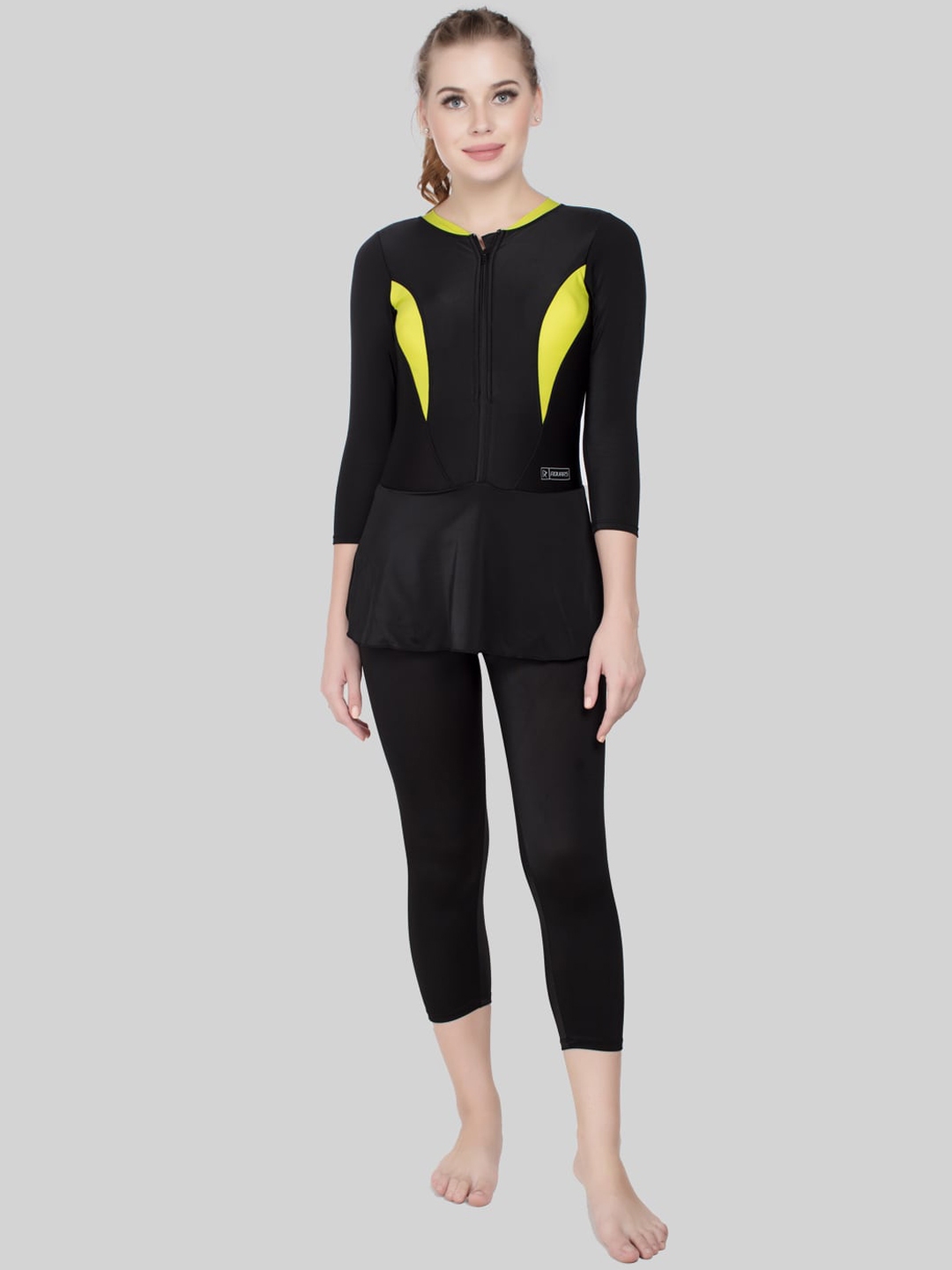 ROVARS Women Black Fluorescent Green Solid Swimming Dress