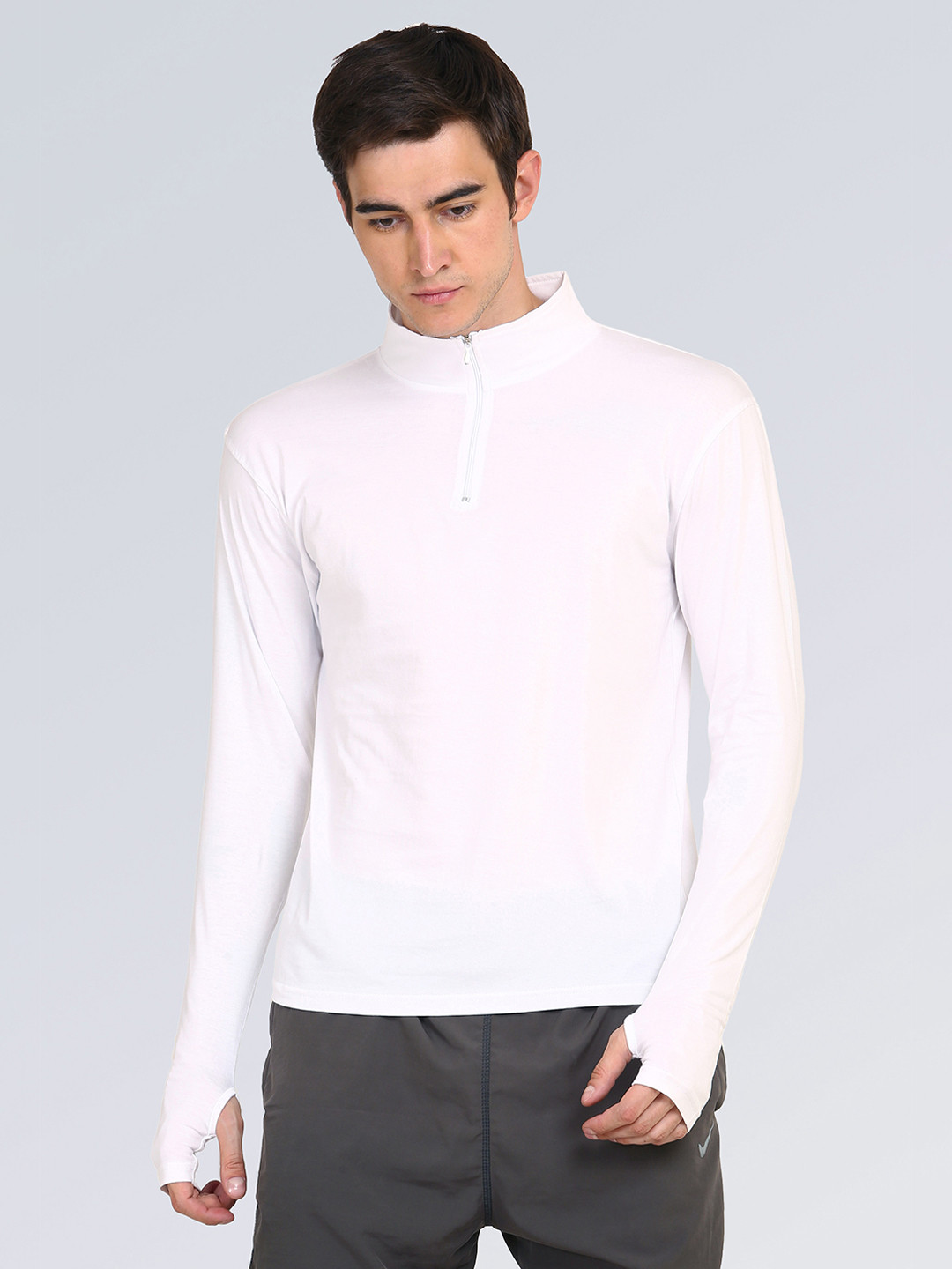 appulse Men White 1/4 Zipper High Neck Thumbopen T-Shirt