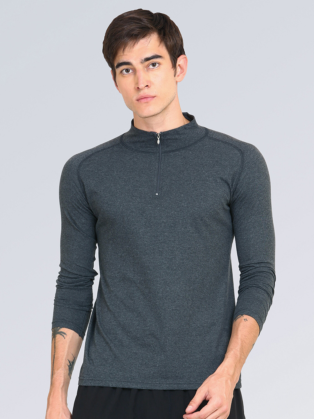 appulse Men Charcoal Grey 1/4 Zipper High Neck T-Shirt