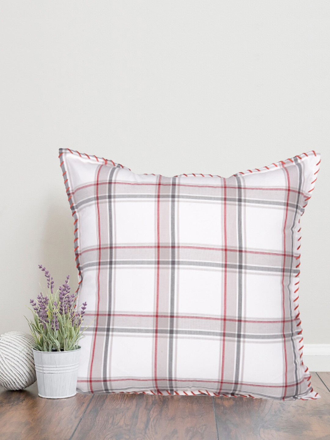Home White Checked Cotton Lightweight Square Cushion Covers - 18 x 18 In