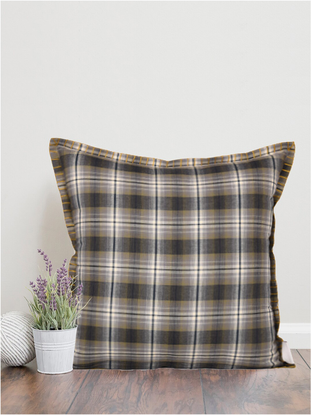 Home Green & White Checked Square Cushion Covers