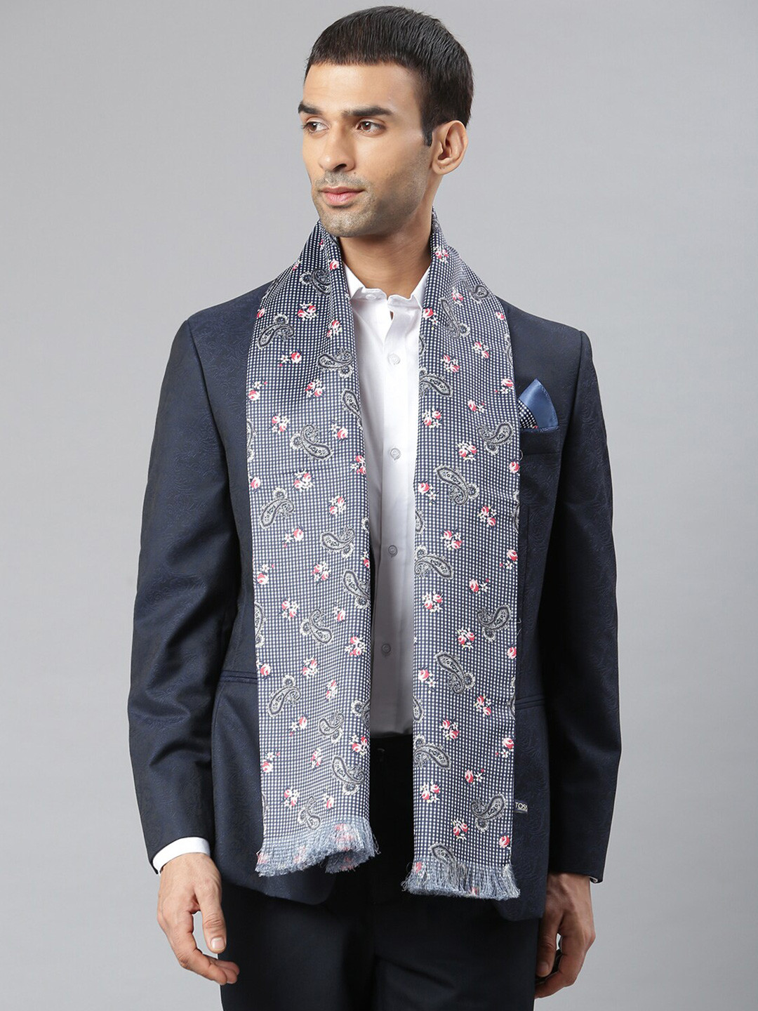 Tossido Men Blue & White Paisley Printed Stole with Pocket Square