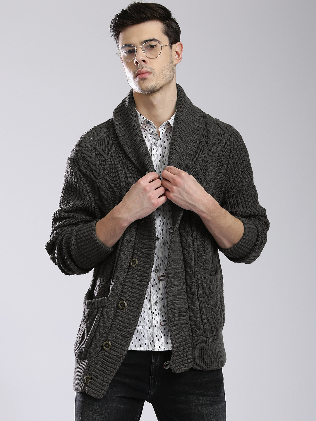 Buy GUESS Men Grey Cable Knit Cardigan 