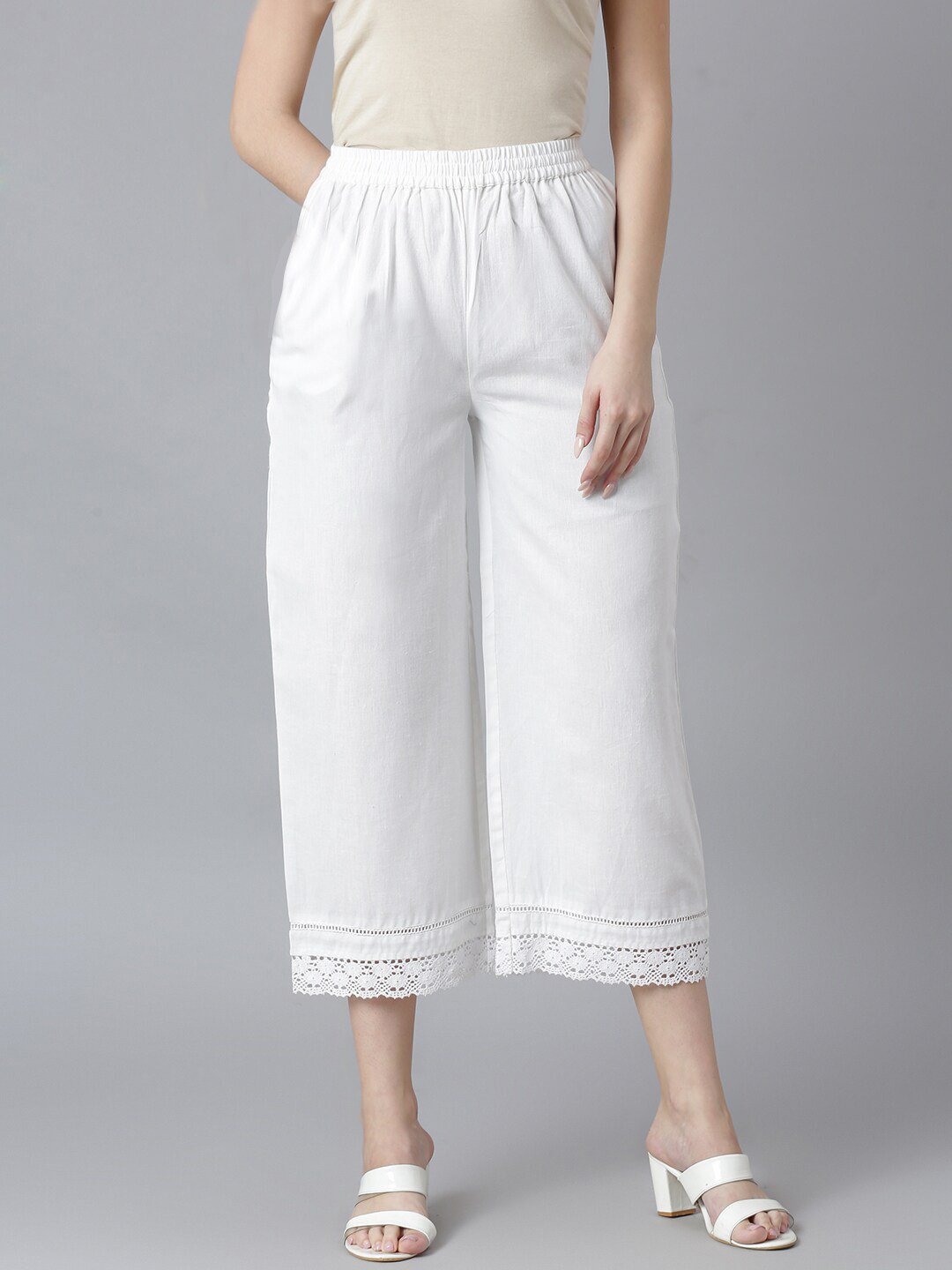 QOMN Women White Cropped Ethnic Palazzos