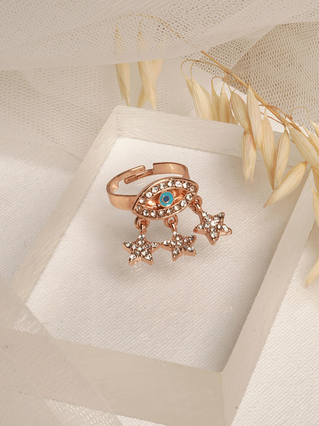 JOKER & WITCH Rose Gold Turquoise-Blue Rhinestone-Studded Glitter Evil Eye Finger Ring