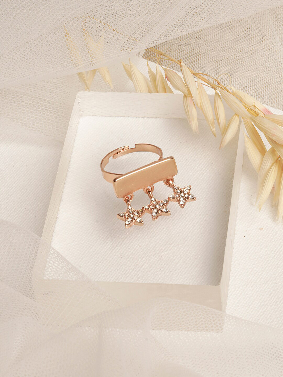 JOKER & WITCH Rose Gold-Toned & White Rhinestone-Studded Adjustable Morning Glow Finger Ring