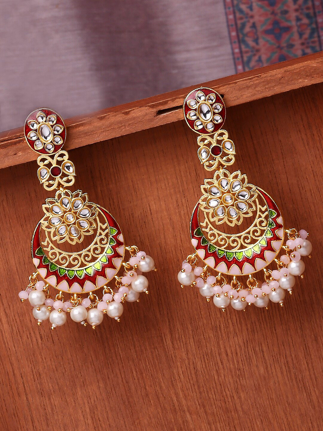 OOMPH Red Circular Chandbalis Earrings