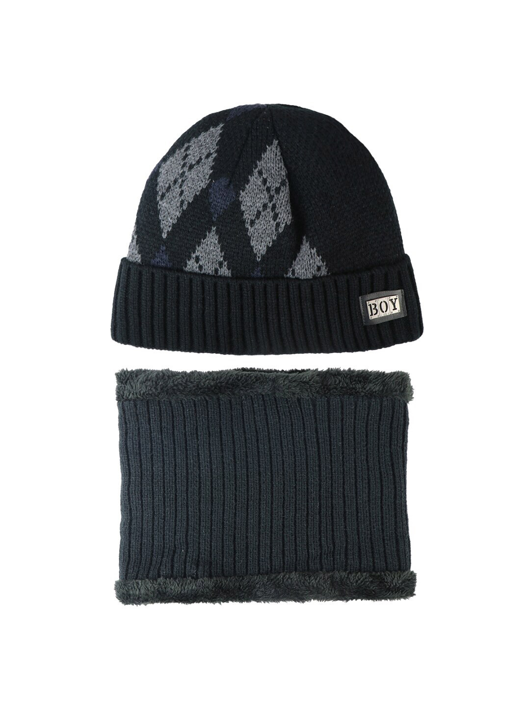 iSWEVEN Unisex Black & Grey Woolen Beanie with Neck Warmer Scarf