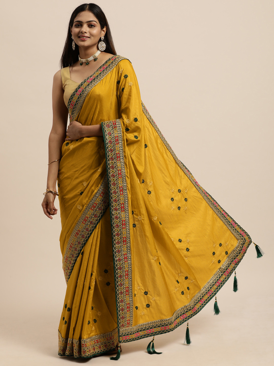 VASTRANAND Yellow Floral Mirror Work Silk Cotton Mysore Silk Saree