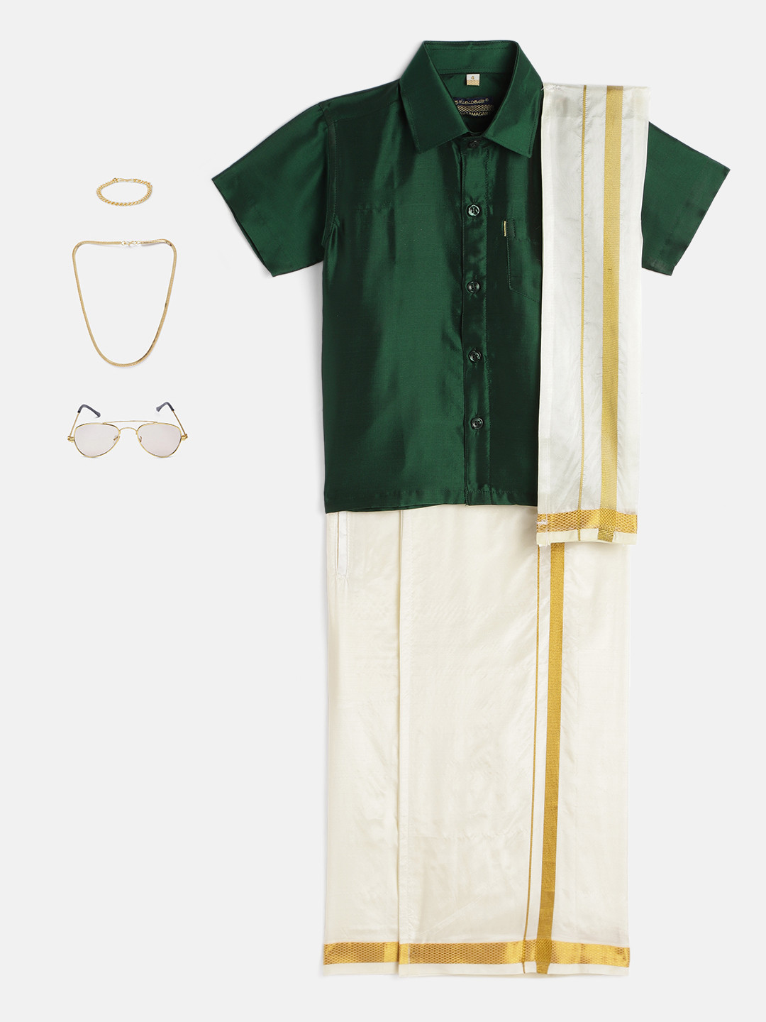 THANGAMAGAN Boys Olive Green & Cream-Coloured Shirt - Lungi - Angavastram & Accessories
