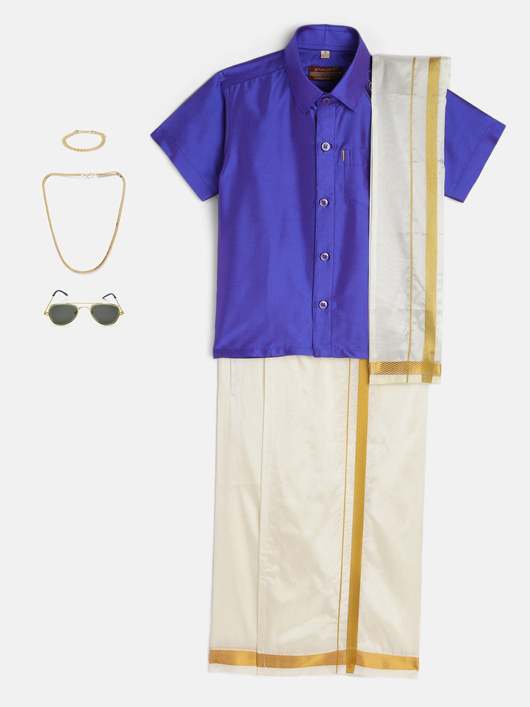 THANGAMAGAN Boys Blue & Cream-Coloured Solid Shirt with Dhoti Pants & Freebies Set