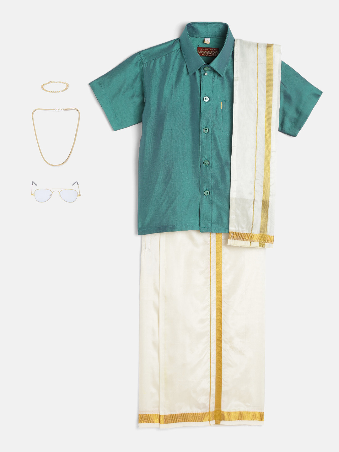 THANGAMAGAN Boys Sea Green & Cream-Coloured Solid Shirt with Dhoti Pants & Freebies Set