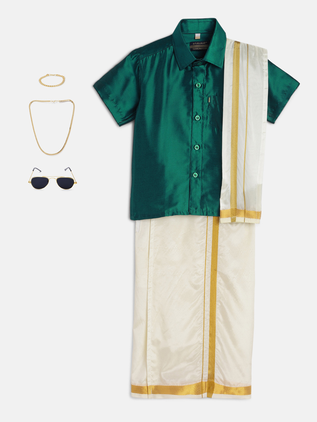 THANGAMAGAN Boys Green Solid Shirt with Dhoti Pants & Freebies Set