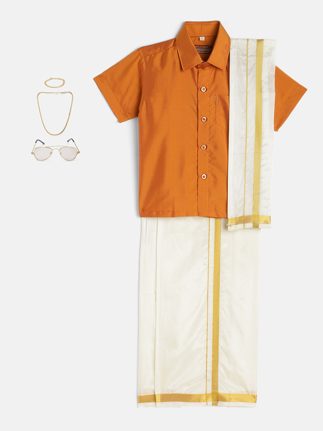Thangamagan Boys Set - Self-attaching Dhoti-Shirt-Towel with Freebies Set