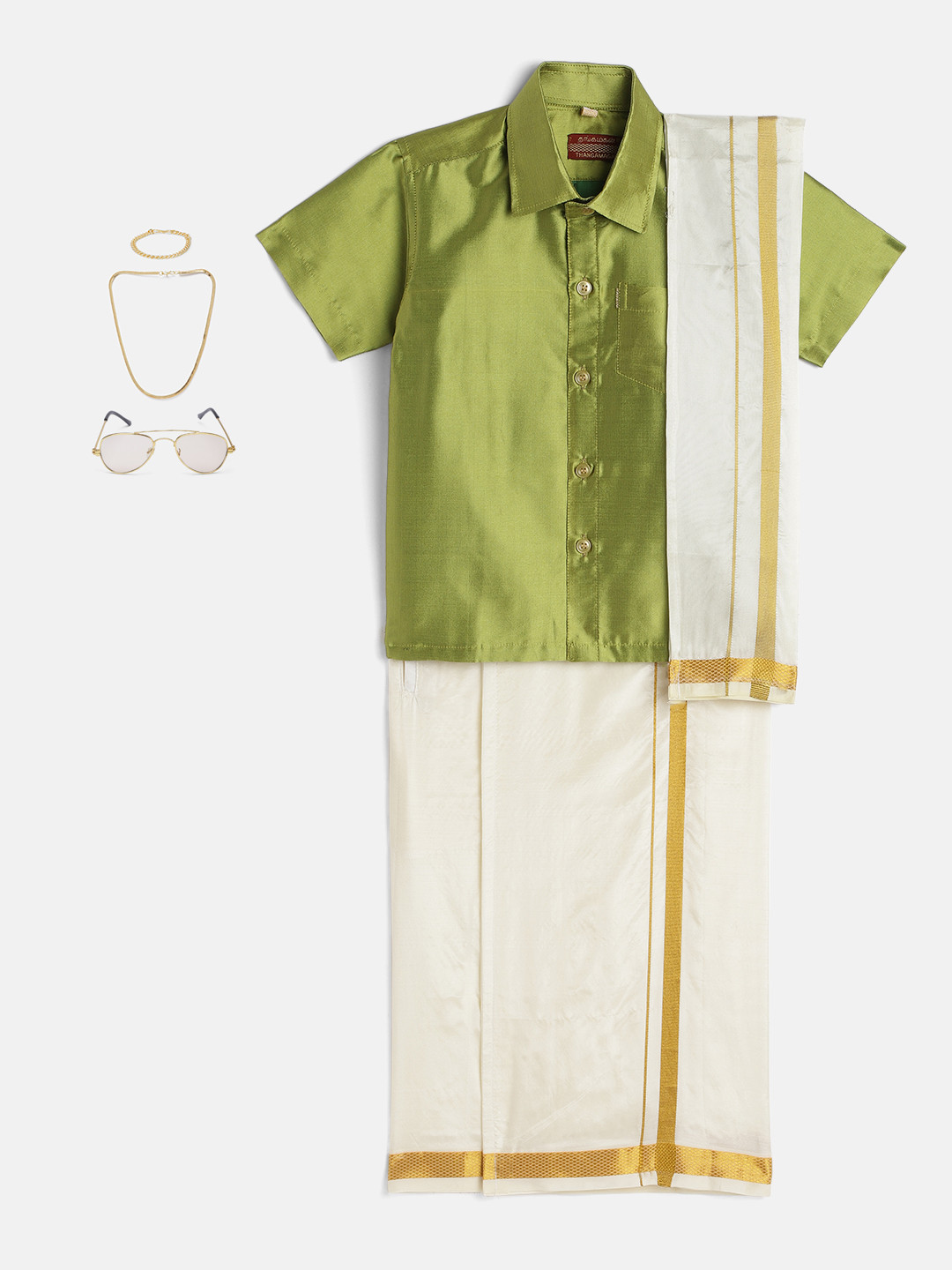 THANGAMAGAN Boys Lime Green & Cream-Coloured Shirt - Lungi - Angavastram & Accessories