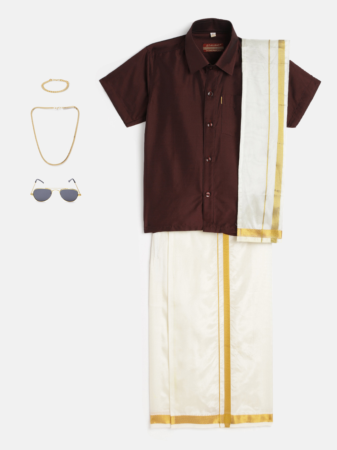 THANGAMAGAN Boys Maroon & Cream-Coloured Solid Shirt with Dhoti Pants & Freebies Set