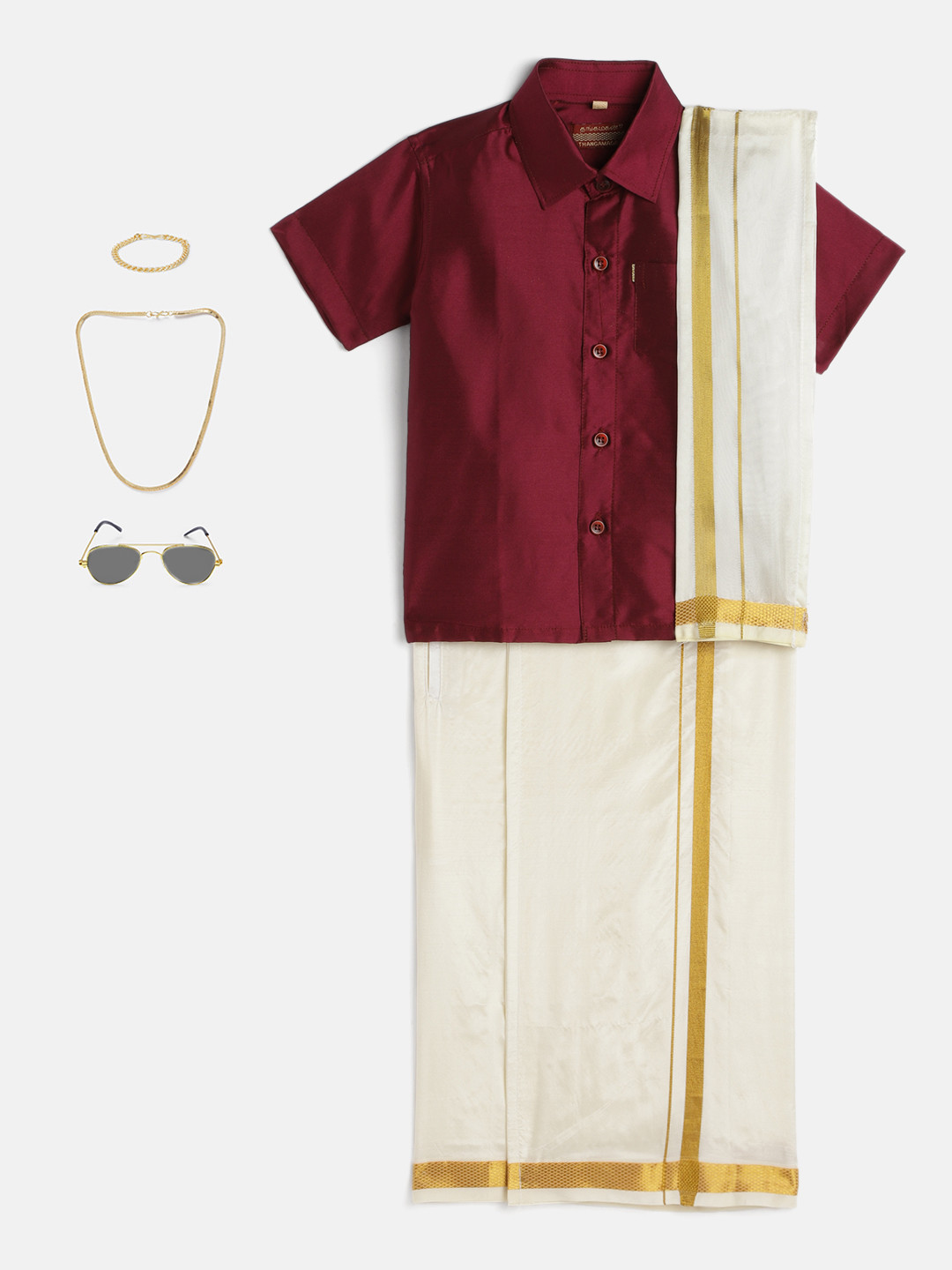 THANGAMAGAN Boys Maroon & Cream-Coloured Shirt - Lungi - Angavastram & Accessories