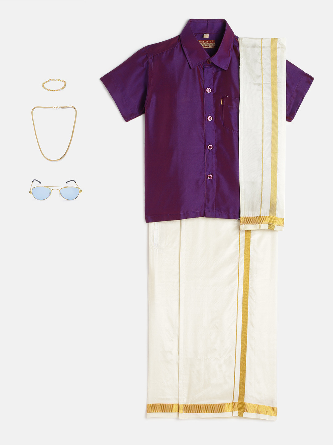 THANGAMAGAN Boys Purple & Cream-Coloured Shirt - Lungi - Angavastram & Accessories