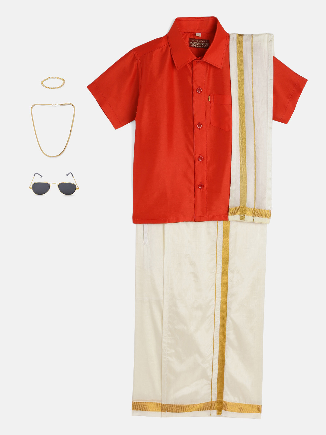 THANGAMAGAN Boys Red & Cream-Coloured Solid Shirt with Dhoti Pants & Freebies Set