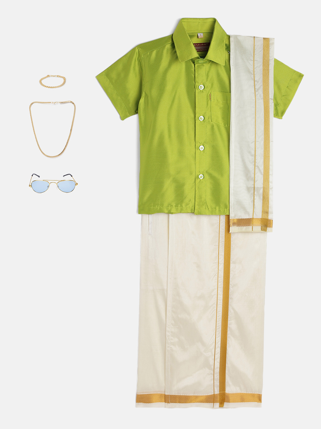 THANGAMAGAN Boys Lime Green & Cream-Coloured Solid Shirt with Dhoti Pants & Freebies Set