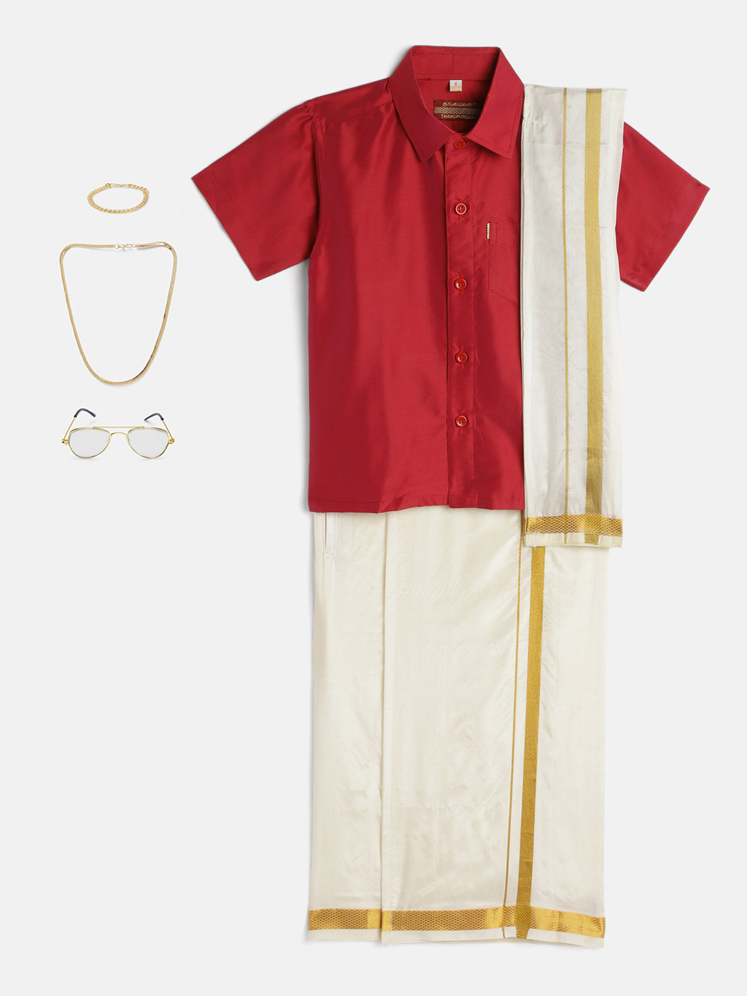 THANGAMAGAN Boys Red & Cream-Coloured Shirt - Lungi - Angavastram & Accessories