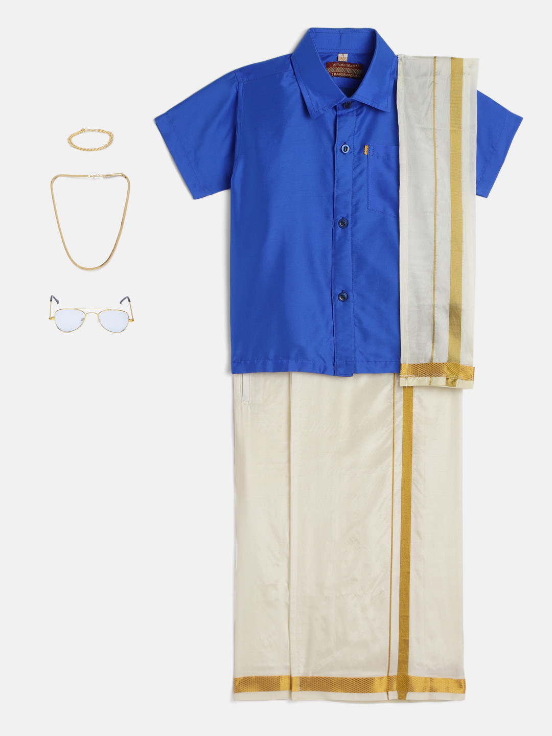 THANGAMAGAN Boys Blue Shirt with Cream-Coloured Dhoti, Towel And Freebies Set