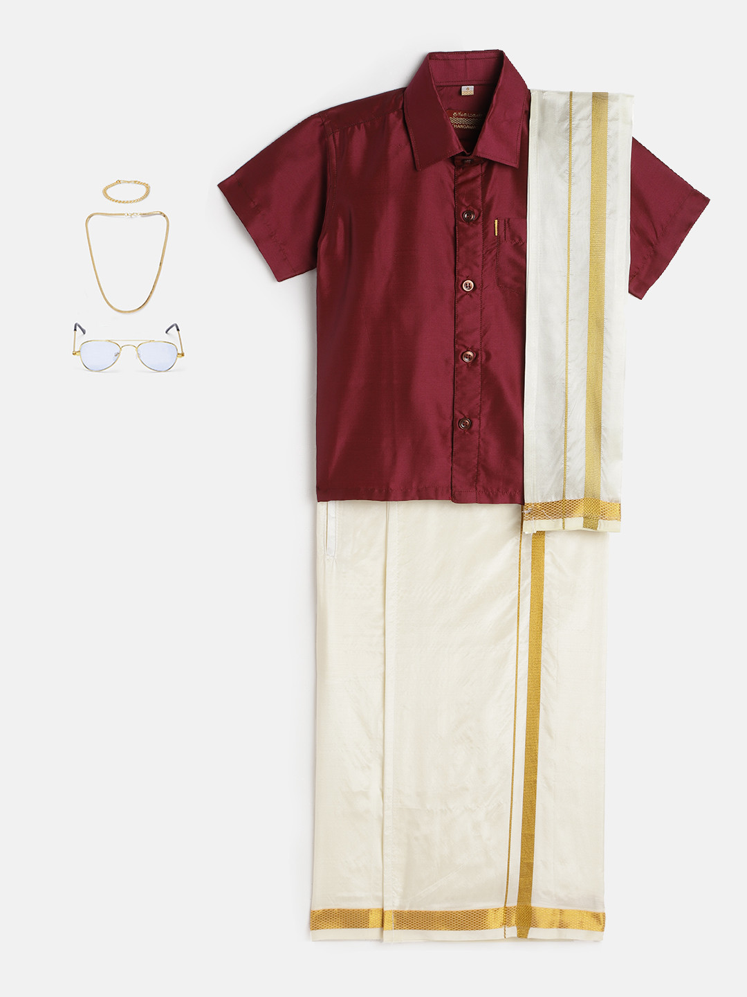 THANGAMAGAN Boys Maroon & Cream-Coloured Shirt - Lungi - Angavastram & Accessories