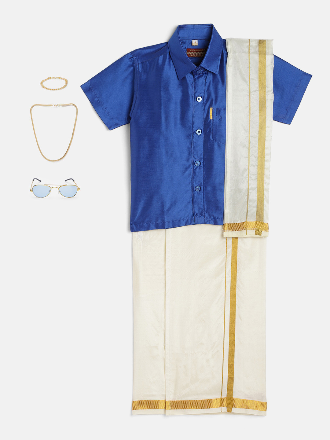 THANGAMAGAN Boys Blue Shirt with Self-attaching Dhoti, Towel And Freebies Set