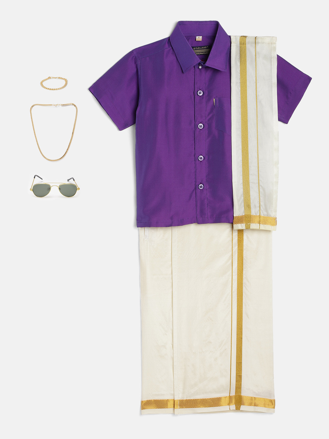 THANGAMAGAN Boys Purple Shirt with Self-attaching Dhoti, Towel And Freebies Set