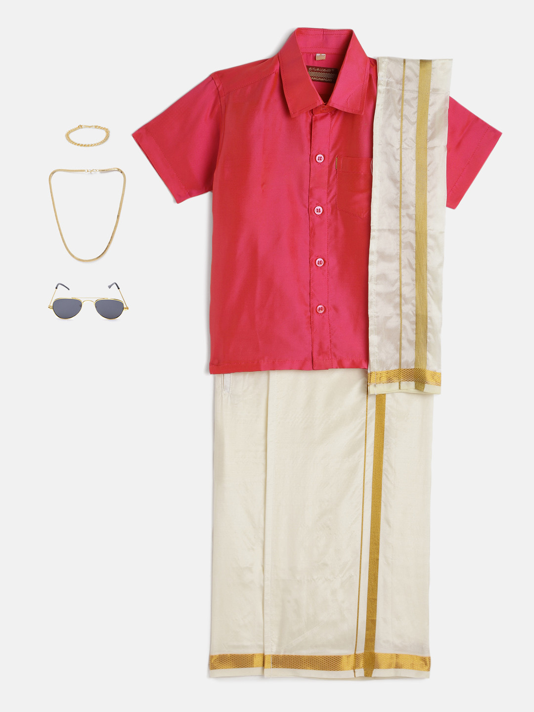 THANGAMAGAN Boys Fuchsia Shirt with Cream-Coloured Dhoti, Towel And Freebies Set