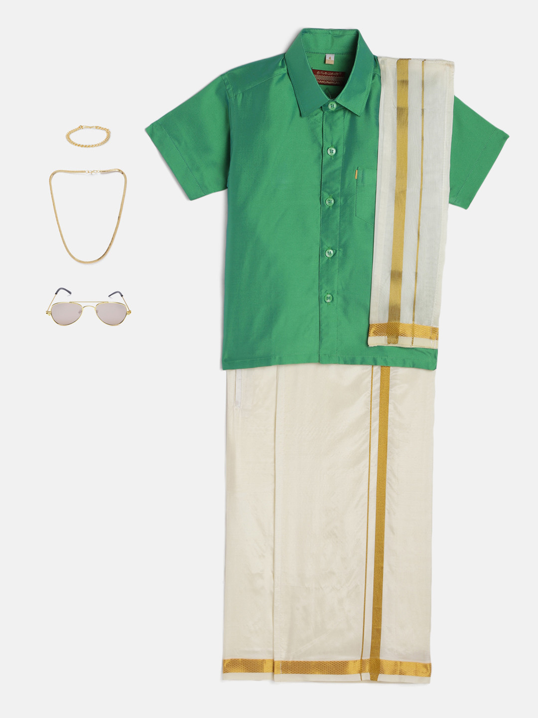 THANGAMAGAN Boys Light Green Shirt with Cream-Coloured Dhoti, Towel And Freebies Set