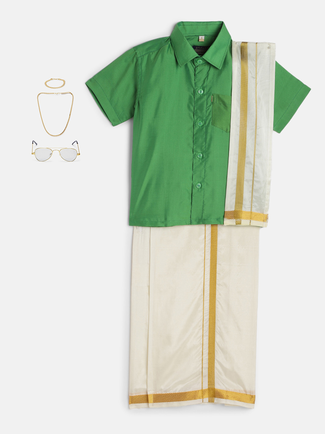 THANGAMAGAN Boys Green Shirt with Cream-Coloured Dhoti, Towel, And Freebies Set