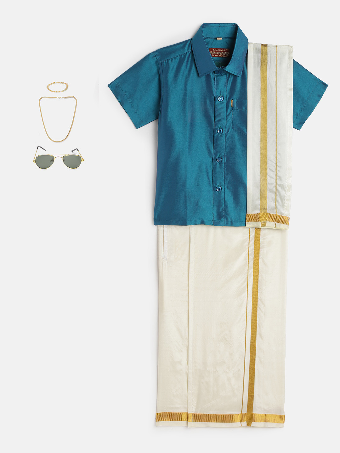 THANGAMAGAN Boys Teal Blue & Cream-Coloured Shirt - Lungi - Angavastram & Accessories