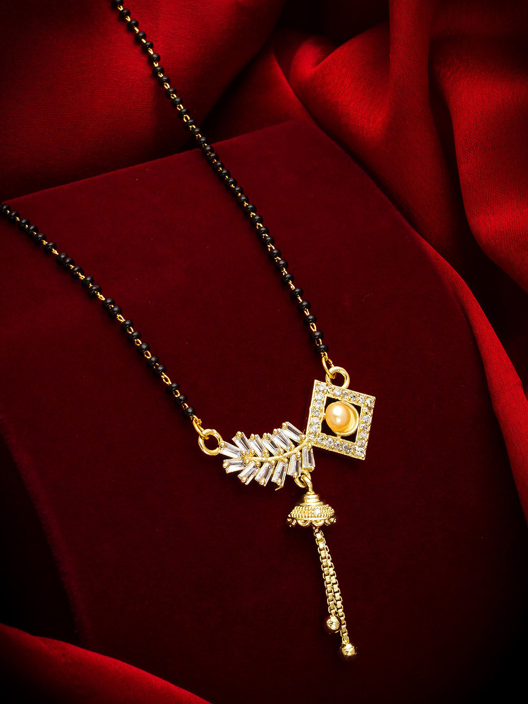aadita Gold-Toned & Black AD Stone Studded Mangalsutra