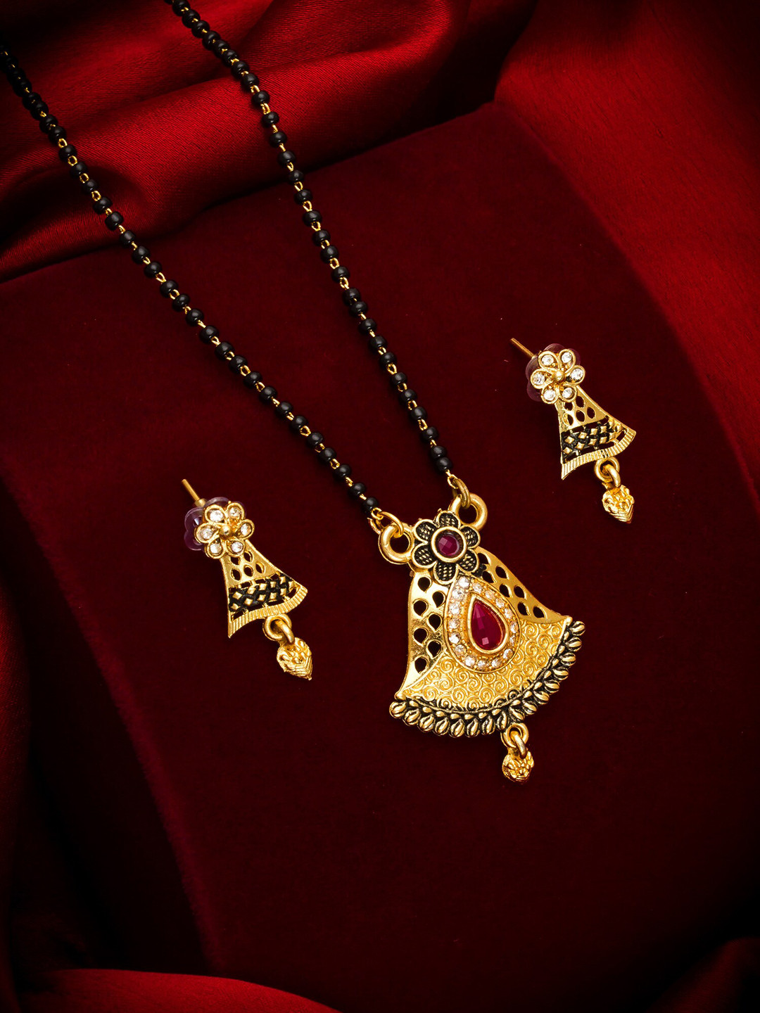 aadita Gold Toned AD and Pearl Mangalsutra with Earrings