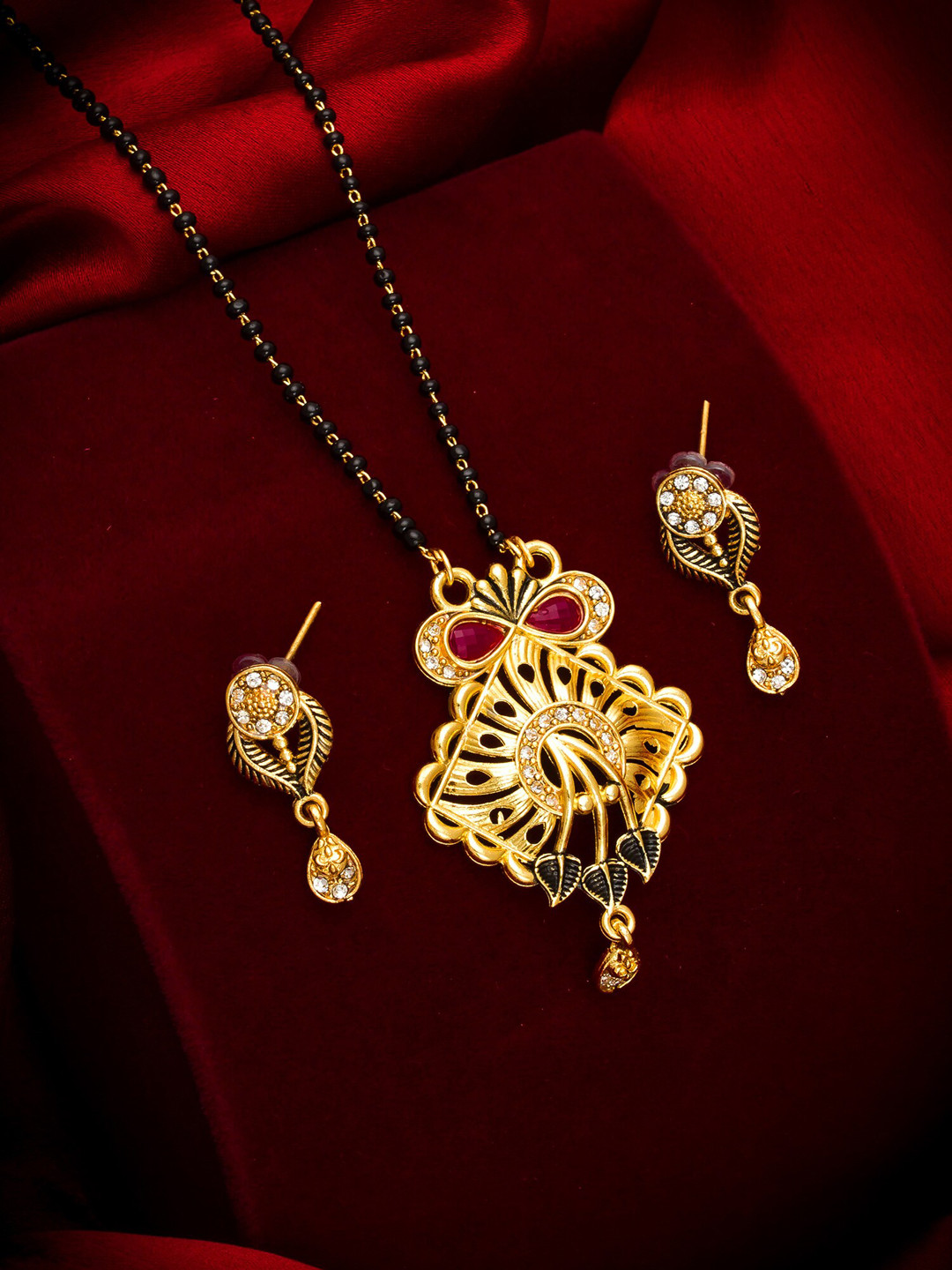 aadita Gold Plated & Black Alloy Beaded Mangalsutra Set