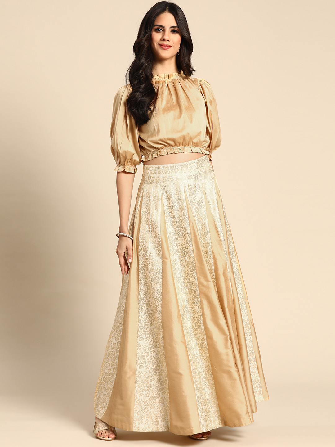 anayna Cream-Coloured & Golden Self Design Ready to Wear Lehenga Choli